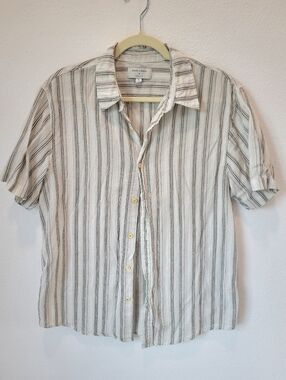 Ocean Current M Button Up Shirt White Green Pink Pinstripe Cotton Coastal